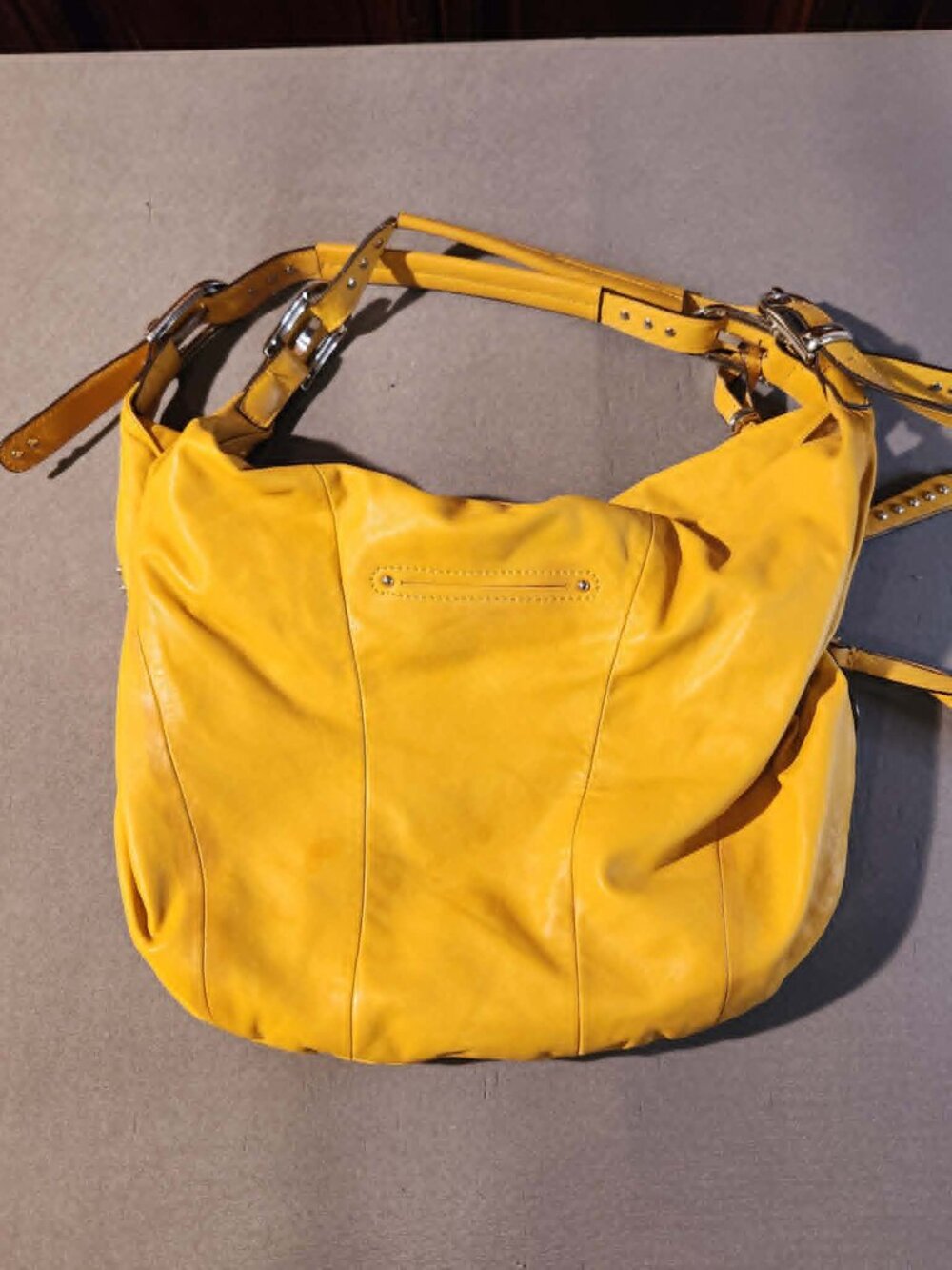 B. Makowsky Yellow Leather Slouchy Hobo Studded Shoulder Bag Large - Picture 2 of 6